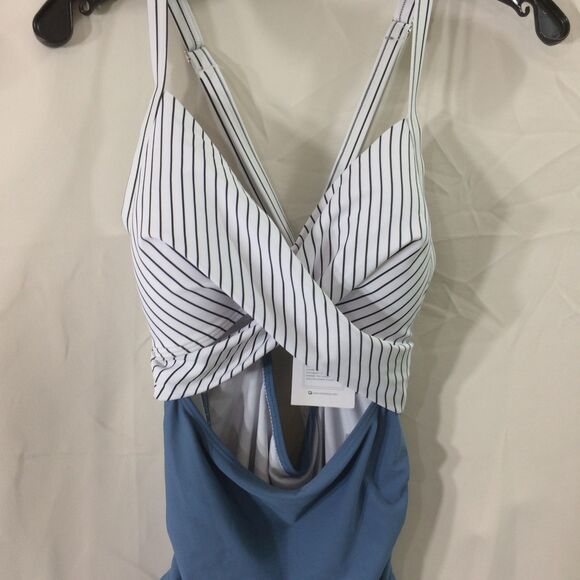 NEW Eomenie Swimsuit Medium NWT Blue White Stripe Cutout Criss Cross Tie Back - Picture 6 of 7